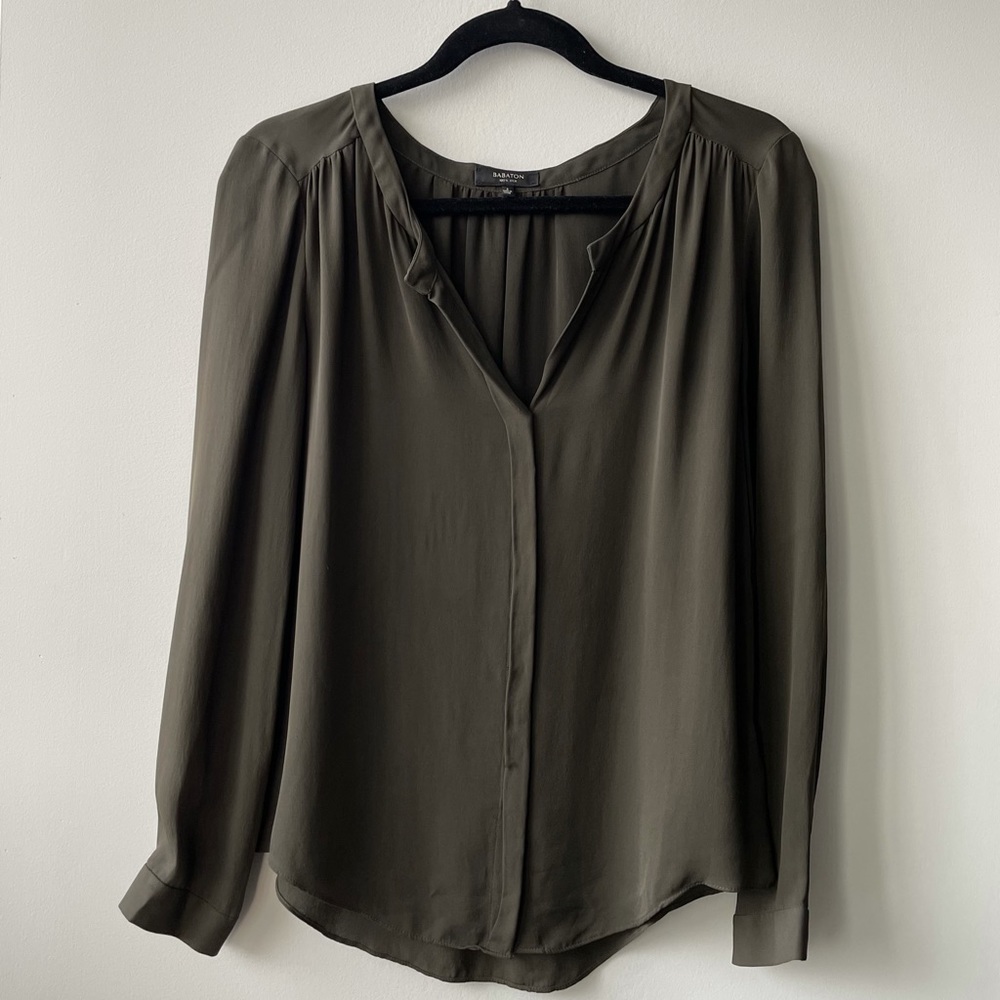 Aritzia Olive Green V-Neck Long Sleeve Blouse